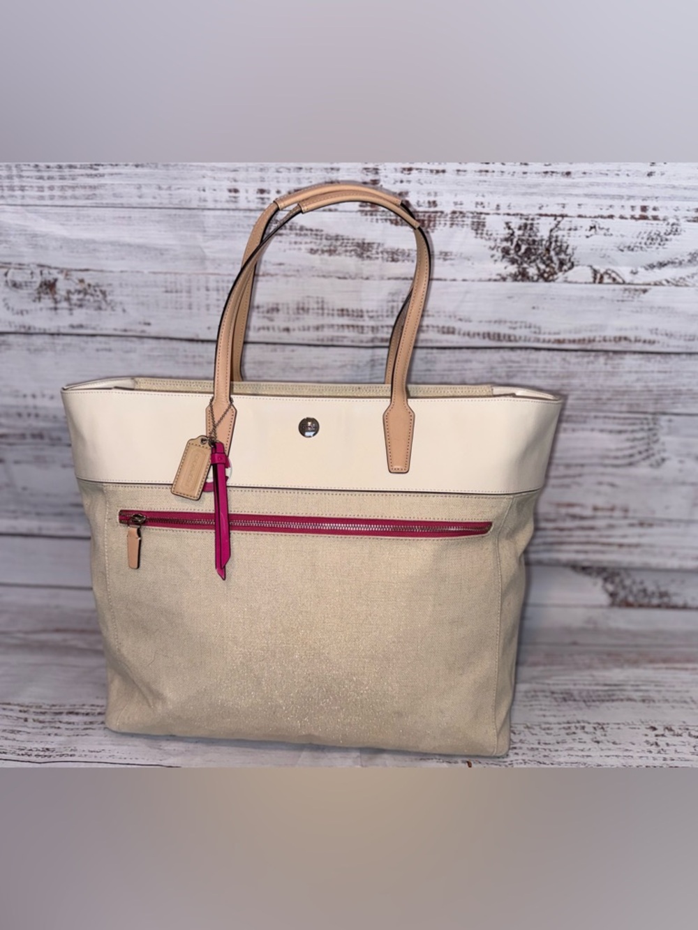 COACH Coach Canvas and Leather Large Weekender Bag in Cream with Pink Accent